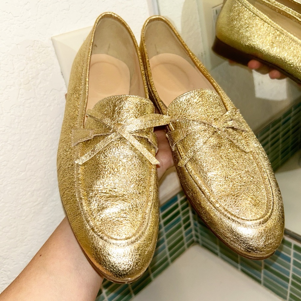 J. CREW The Academy Leather Metallic Gold Almond Toe Loafers SZ: 9